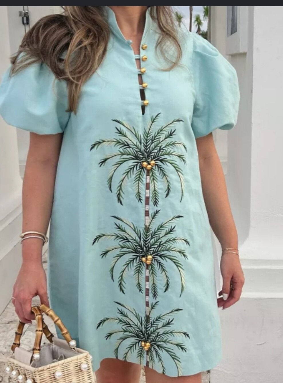Mestiza Women’s Light Aqua Palm Tree Embroidered Casual Dress